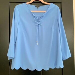 Talbots Blue Blouse w/Criss Cross detailing on Front, Scalloped Hem. Size M